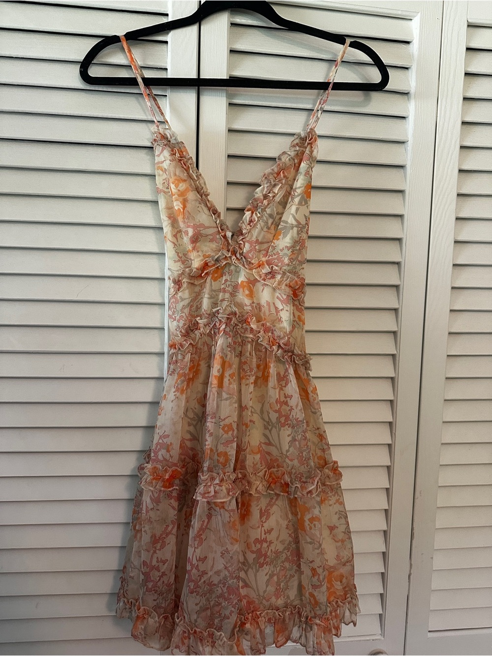 Angel Biba Sheer Tiered Mini Dress in Peach and Cream